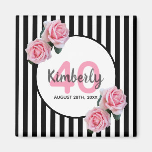 Aimant 40e anniversaire noir rayures rose florale classiq
