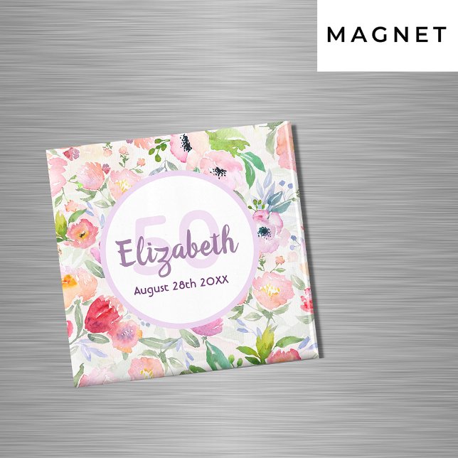 Aimant 50e anniversaire fleur romantique aquarelle rose (Créateur téléchargé)