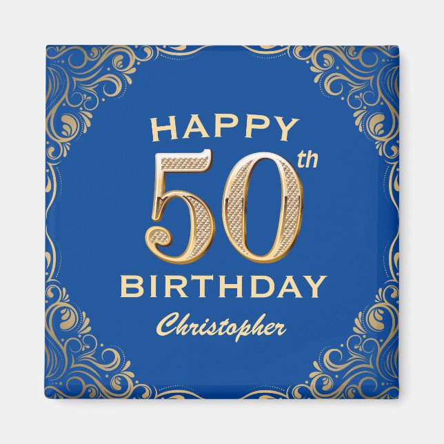 Aimant 50e anniversaire Parties scintillant bleue et or c (Devant)