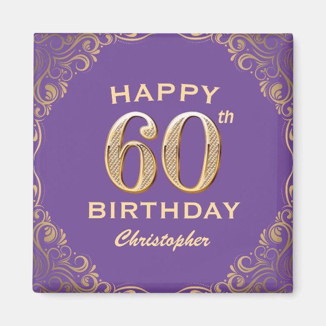 Aimant 60e anniversaire fête violet et Parties scintillan (Devant)