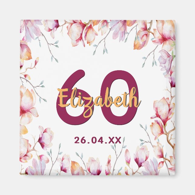 Aimant 60e anniversaire rose magnolia nom floral blanc (Devant)