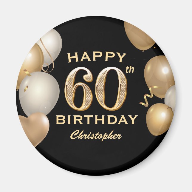 Aimant 60e fête d'anniversaire Ballons noirs et or (Devant)