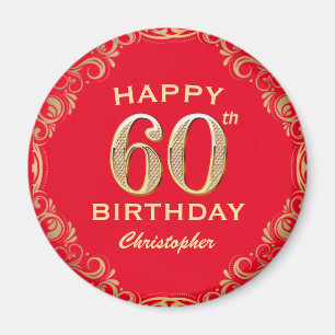Aimant 60th Birthday Party Red and Gold Glitter Frame