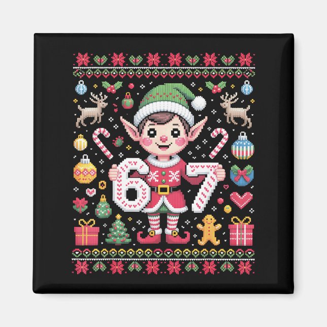 Aimant 67 Christmas Elf Ugly Sweater Cute 6 7 Meme Xmas B (Devant)