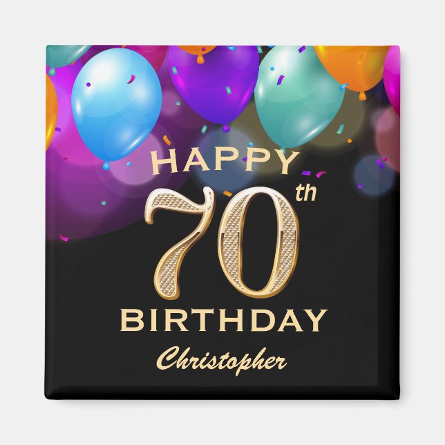 Aimant 70e fête d'anniversaire Ballons noirs et or (Devant)