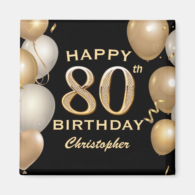 Aimant 80e fête d'anniversaire Ballons noirs et or (Devant)
