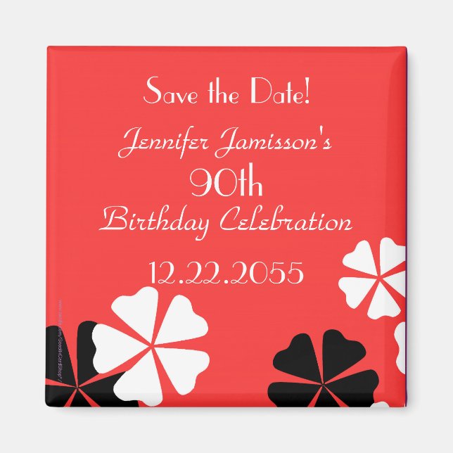 Aimant 90e anniversaire Enregistrer la date Rouge Floral  (Devant)