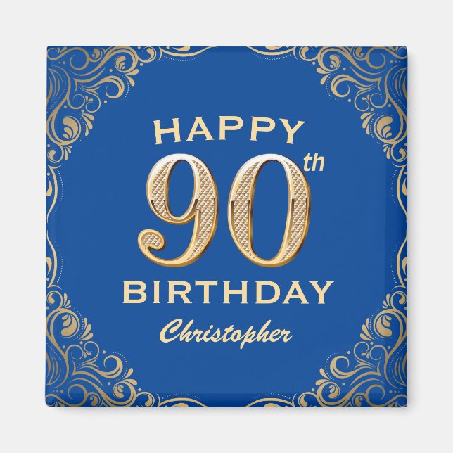 Aimant 90e anniversaire Parties scintillant bleue et or c (Devant)