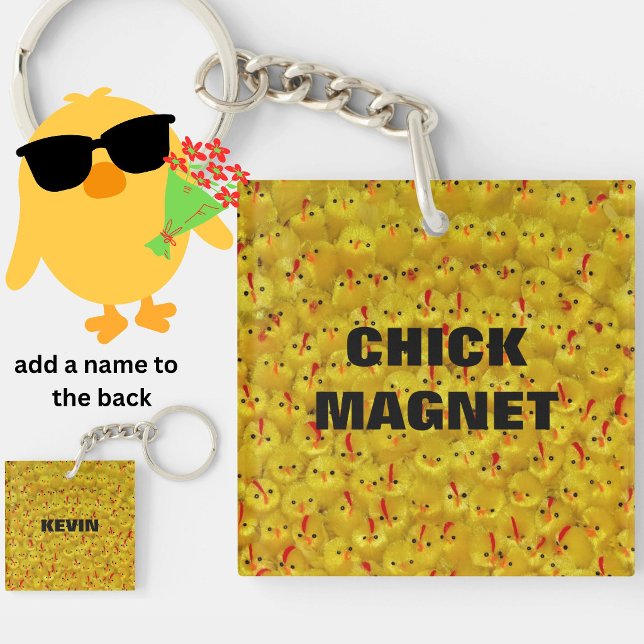 Aimant À POULES Drôle Nom Personnalisé Jaune Blagu (A cute, colorful, funny keychain, for the chick magnet in your life! Personalize the back with name.)