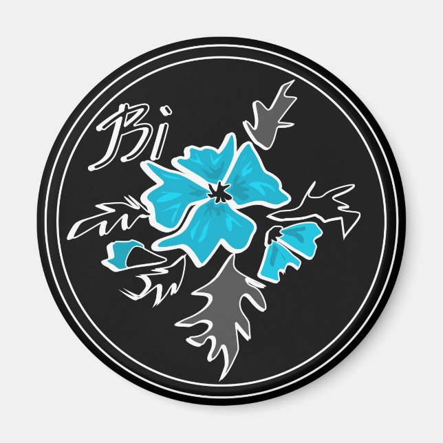 Aimant Abstrait bleu moderne fleur gris noir feuille prin (Devant)