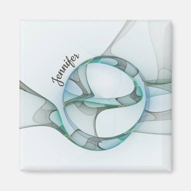 Aimant Abstrait moderne Fractal Blue Turquoise Grey Nom (Devant)