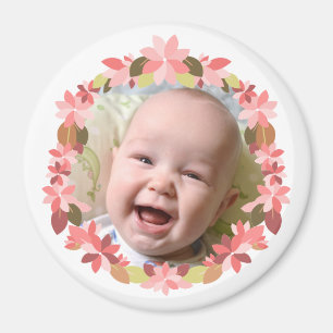Aimant Add Your Baby Photo Pink Floral Wreath Frame Magne