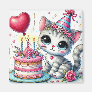 Aimant Adorable Chat Célébrer Anniversaire avec gâteau