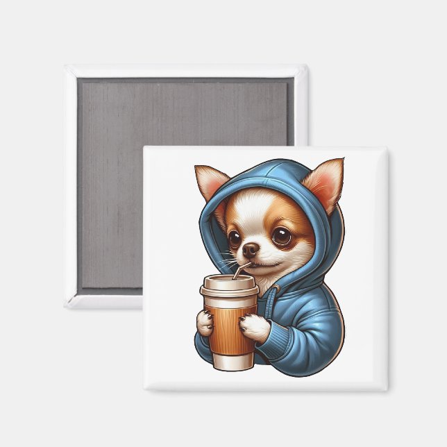 Aimant Adorable Chihuahua Boire du café de la Coupe (Recto/Verso)