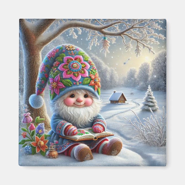 Aimant Adorable Gnome d'hiver dans un paysage hivernal co (Devant)