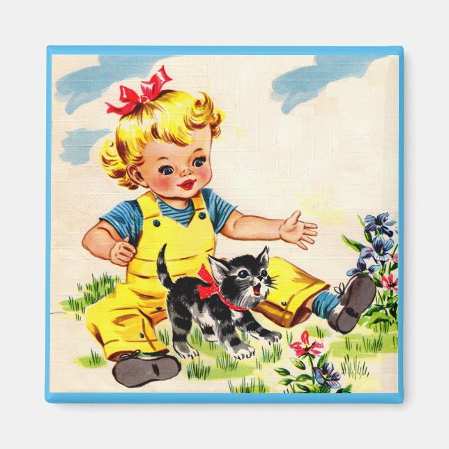 Aimant adorable petite fille avec adorable petit chaton (Devant)