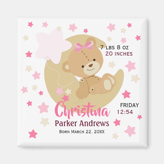 Aimant Adorable Teddy Bear Baby Girl Stats de naissance (Devant)