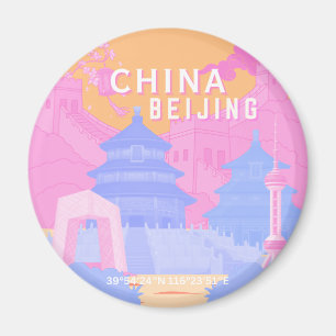 Aimant Affiche de voyage à Pékin Chine Pastel rose et b