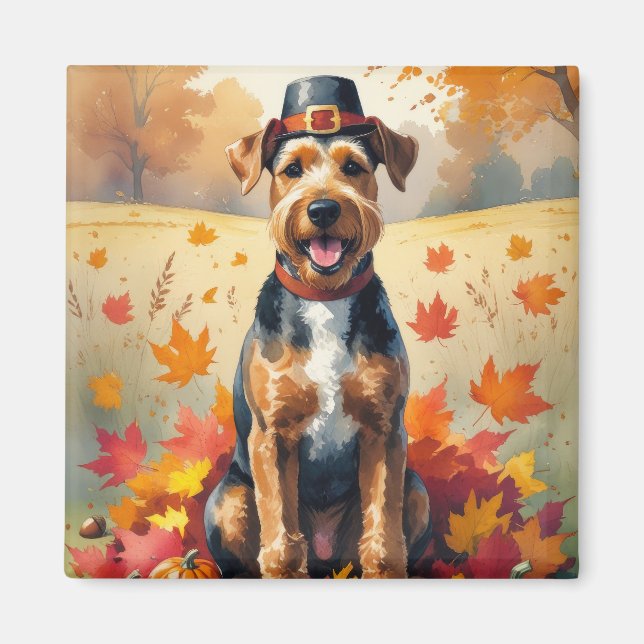 Aimant Airedale à l'automne quitte Thanksgiving Art (Devant)