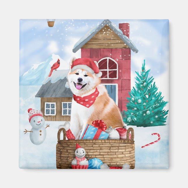 Aimant Akita Chien dans la neige Maison de Chien de Noël (Devant)