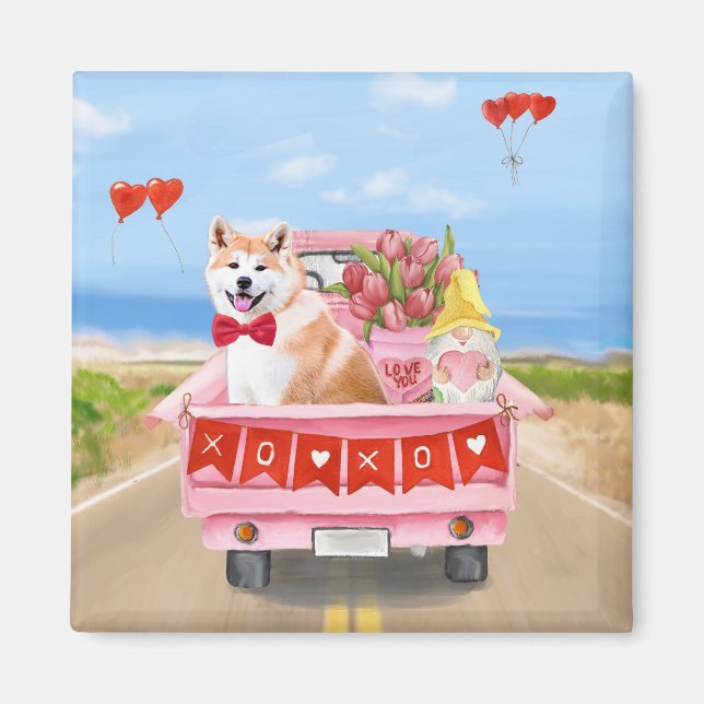 Aimant Akita Chien Saint Valentin Coeurs de Camion (Devant)