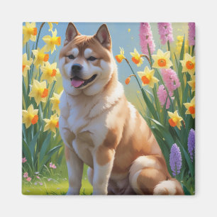 Aimant Akita Dog Fleurs de printemps Peinture