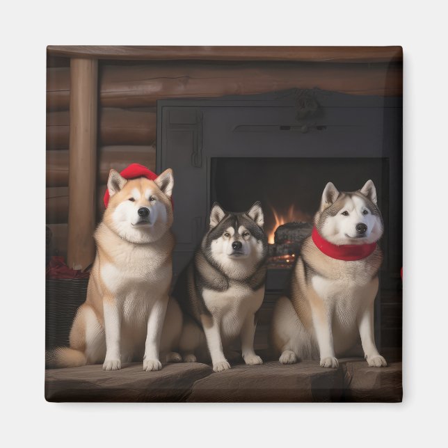 Aimant Akita par le Noël de la cheminée (Devant)