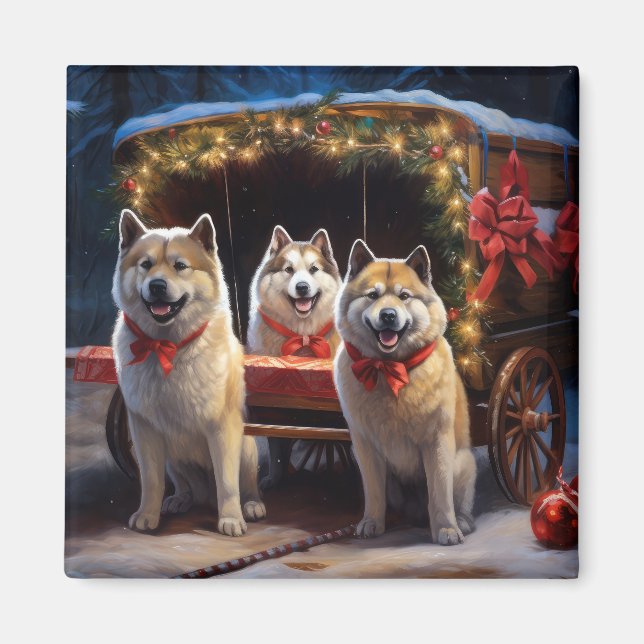 Aimant Akita Snowy Sleigh Ride Décor de Noël (Devant)