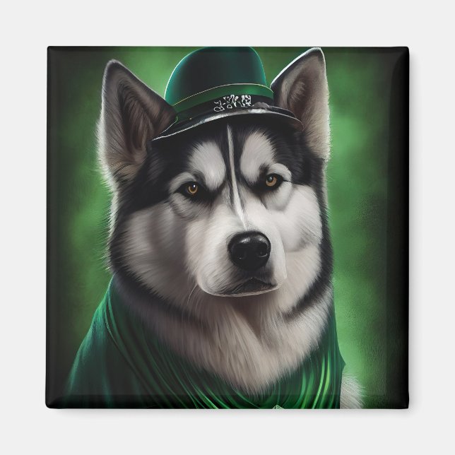 Aimant Alaskan Malamute chien en robe de fête St. Patrick (Devant)