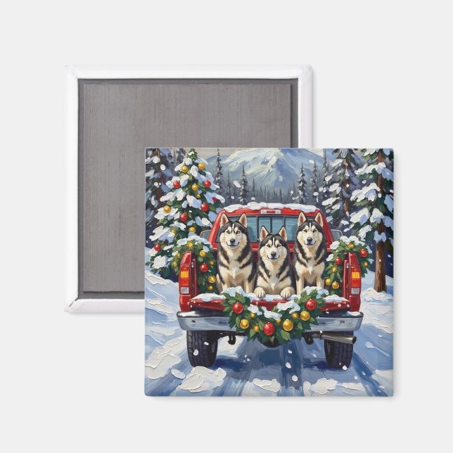 Aimant Alaskan Malamute Christmas Red Truck Holiday (Recto/Verso)