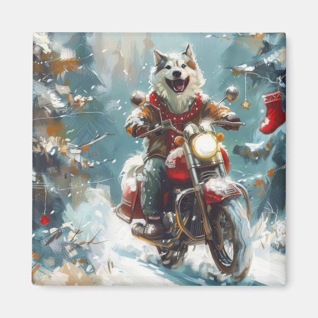 Aimant Alaskan Malamute Dog équitation moto Noël (Devant)