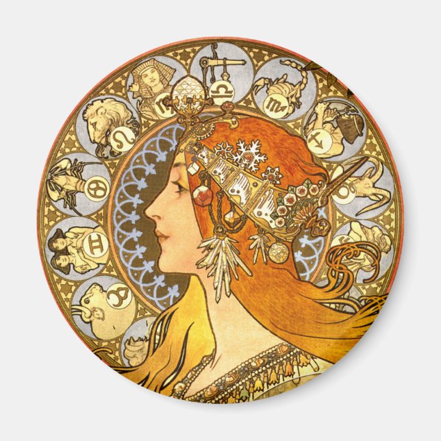 Aimant Alfonse Mucha Zodiac Art nouveau femme (Devant)