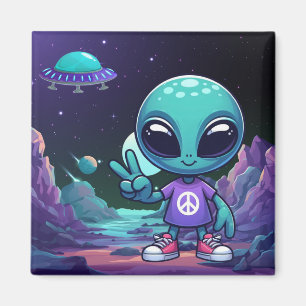Aimant Alien de paix mignon et vaisseau spatial