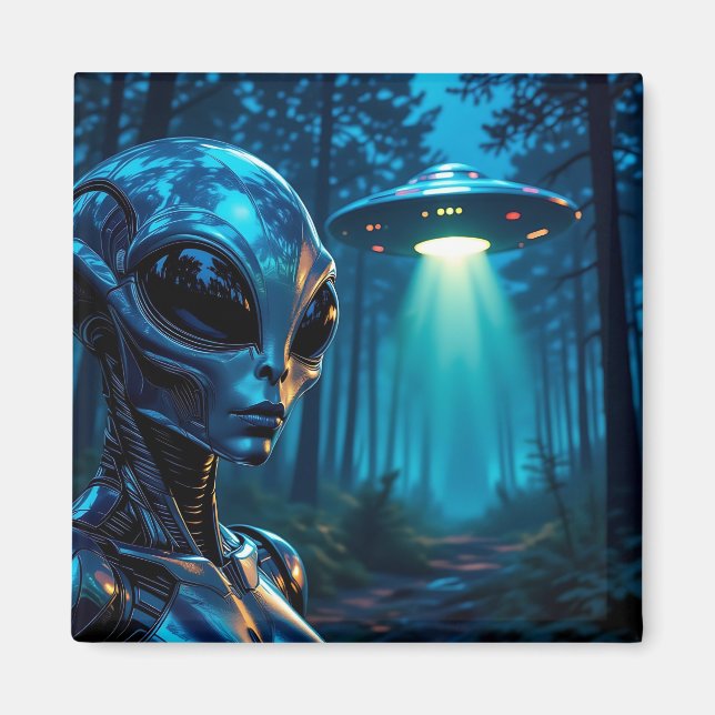 Aimant Alien et OVNI hyper réaliste dans la forêt (Devant)