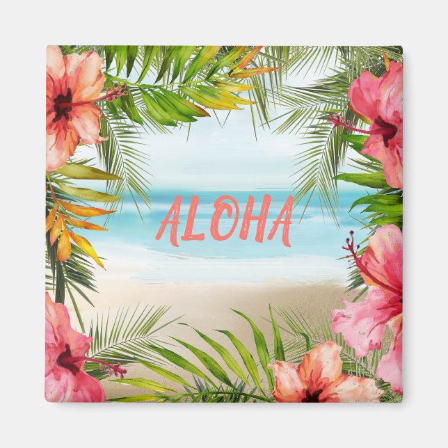 Aimant Aloha Tropical Island Paradise Palmiers et Fleurs (Devant)