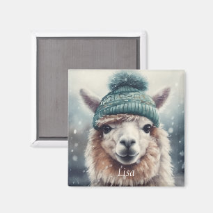 Aimant Alpaca en beanie bleue, personnalisable