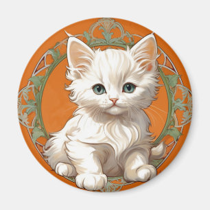 Aimant Alphonse Mucha Art Nouveau Kitten blanc