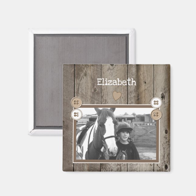 Aimant Amateur de cheval avec photo et nom rustique (Recto/Verso)