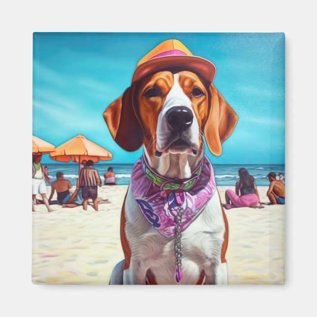 Aimant American English Foxhound on Beach, cadeau d'été (Devant)
