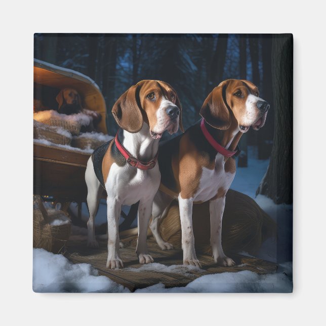 Aimant American English Foxhound Snowy Sleigh Noël (Devant)
