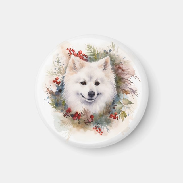 Aimant American Eskimo Christmas Wreath Festive Pup (Devant)