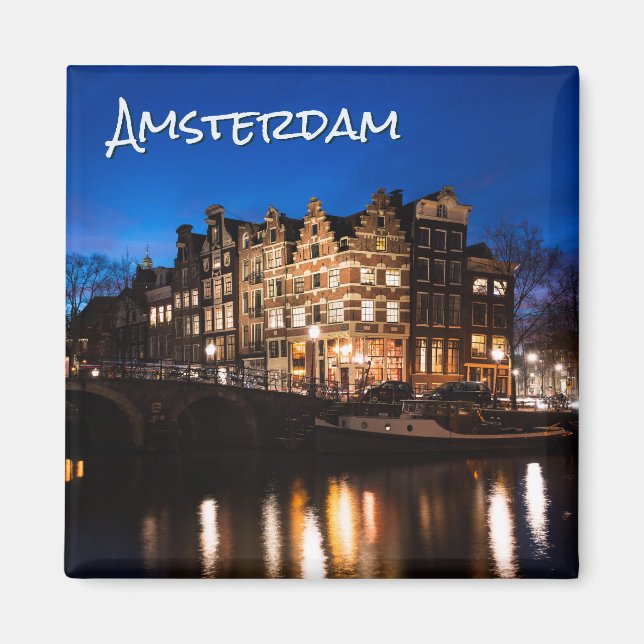 Aimant Amsterdam canal maisons la nuit avec texte (Devant)