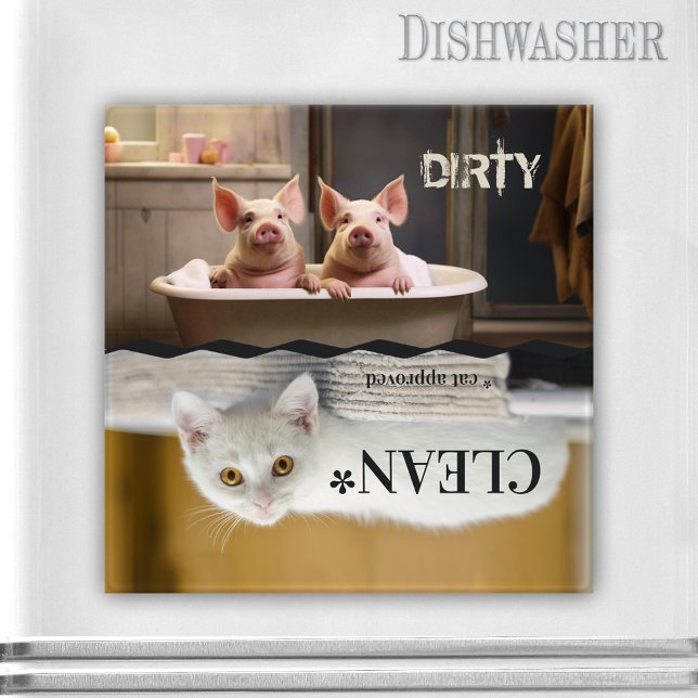 Aimant Amusant Farmhouse Cochon Chat Lave-vaisselle Magne (Farmhouse dishwasher magnet featuring funny pigs in the bathtub and an upside-down white kitty)