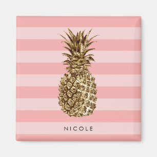 Aimant Ananas assez girly élégant d'or et rayure rose