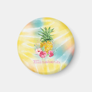 Aimant Ananas, Hibiscus Aquarelle Tie Dye Arc-en-Ciel