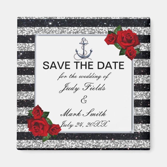 Aimant Ancre nautique Mariage Silver Black Stripes (Devant)