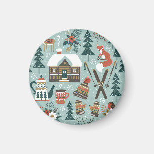 Aimant Animaux forestiers : Hiver Vintage sans couture.