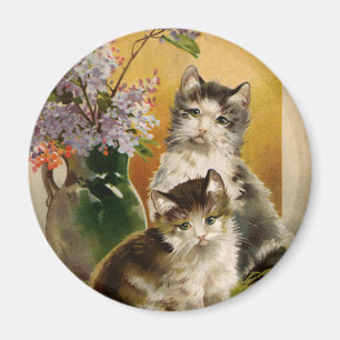 Aimant Animaux Vintage, Chats et Fleurs Victoriennes Mign