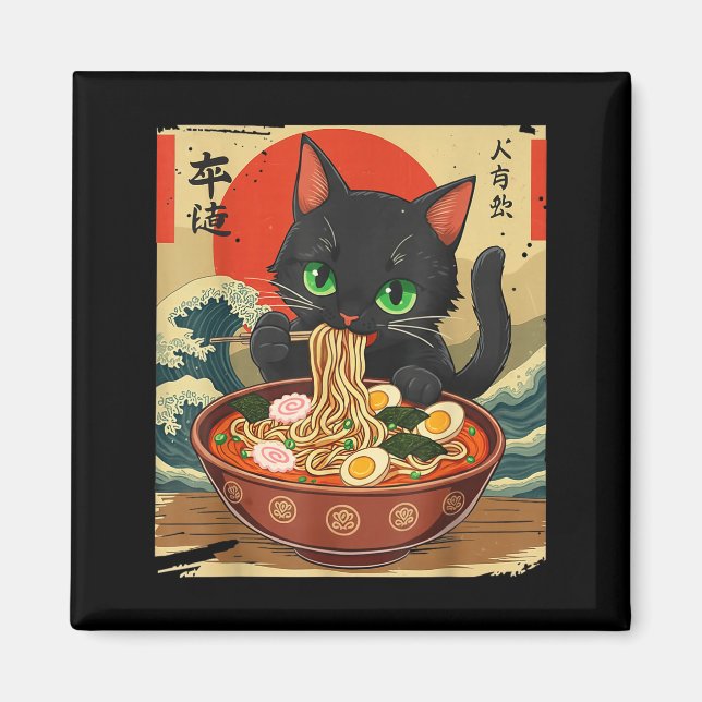 Aimant Anime Cat Eating Ramen Japanese Art Graphic Cat Cu (Devant)