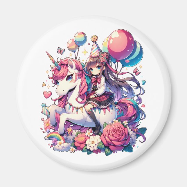 Aimant Anime Girl sur Unicorn Anniversaire (Devant)